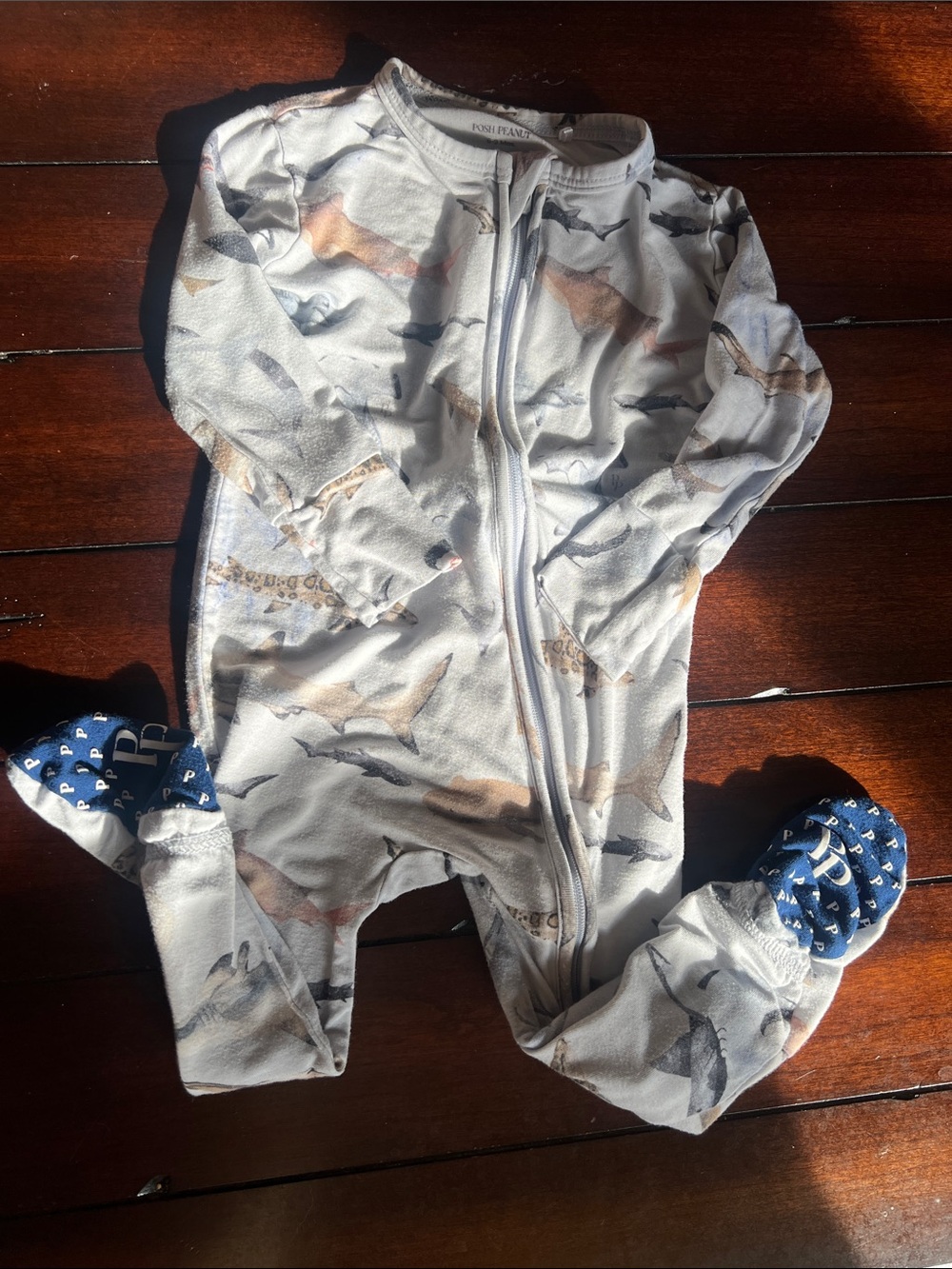 Posh Peanut Shark Print Zip Footed Pajamas - White, Blue & Tan